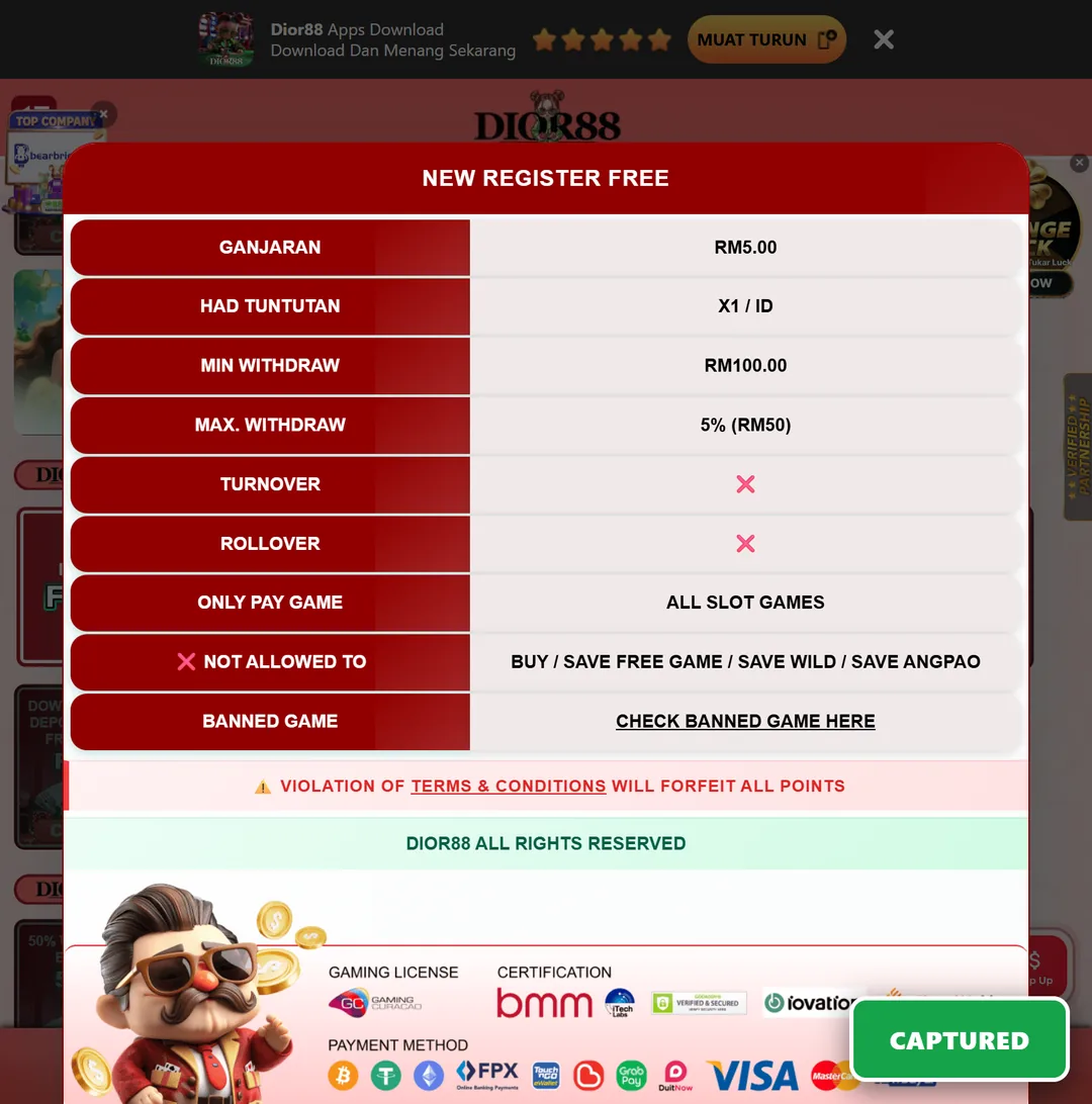 DIOR88 RM5 free credit with no turnover and no rollover, the best value on the network