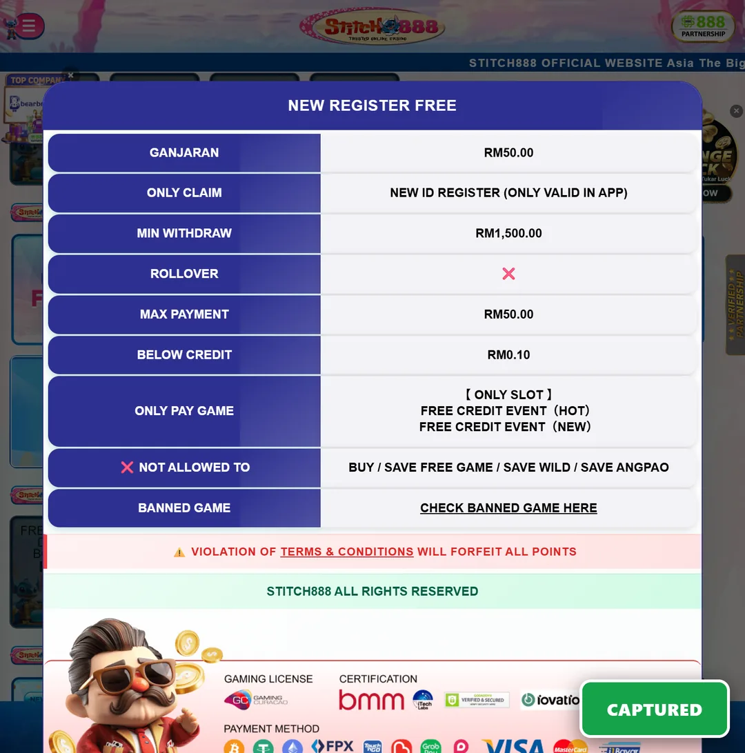 STITCH888 RM50 free credit, but an RM1,500 target for the same RM50 cashout