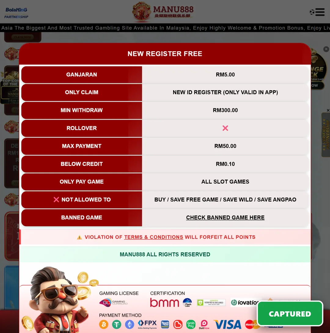MANU888 RM5 free credit, RM300 target, all slots, the better value tier