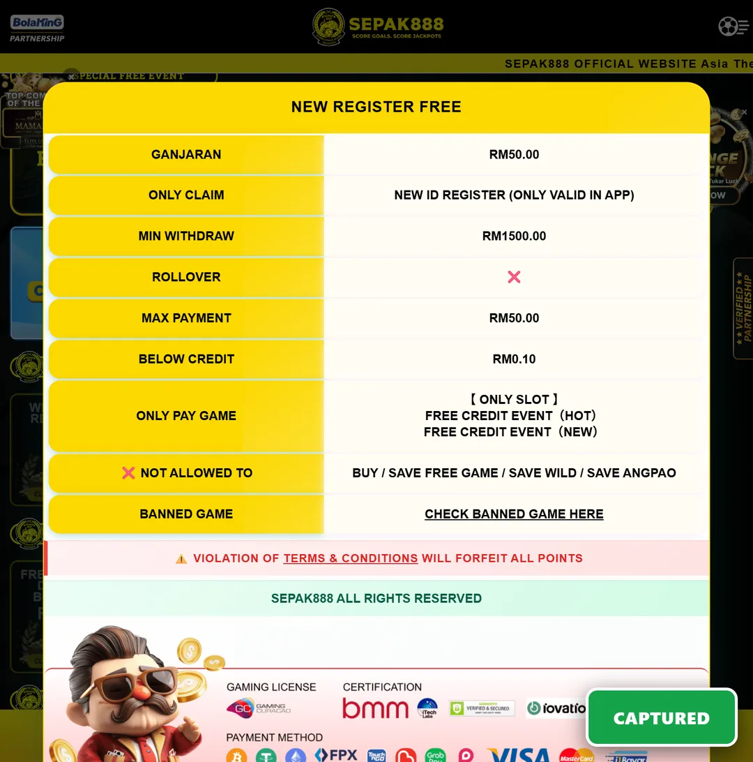 SEPAK888 RM50 free credit, but an RM1,500 target for the same RM50 cashout