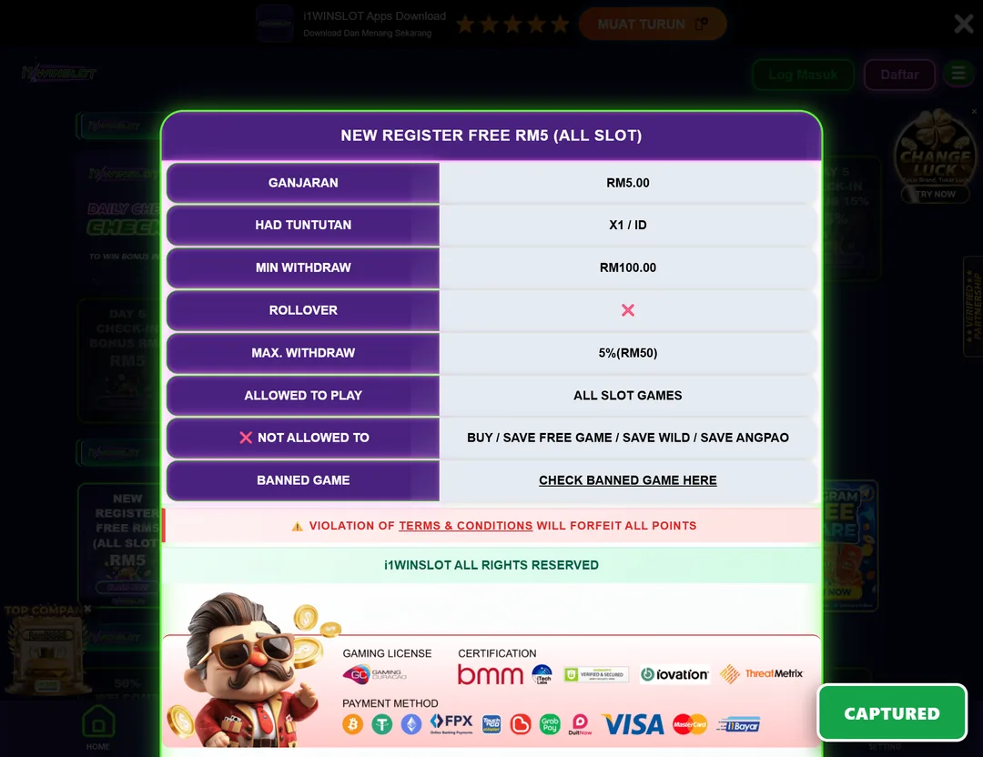 i1WINSLOT RM5 free credit, RM100 target, no rollover, all slots, the cleanest offer here