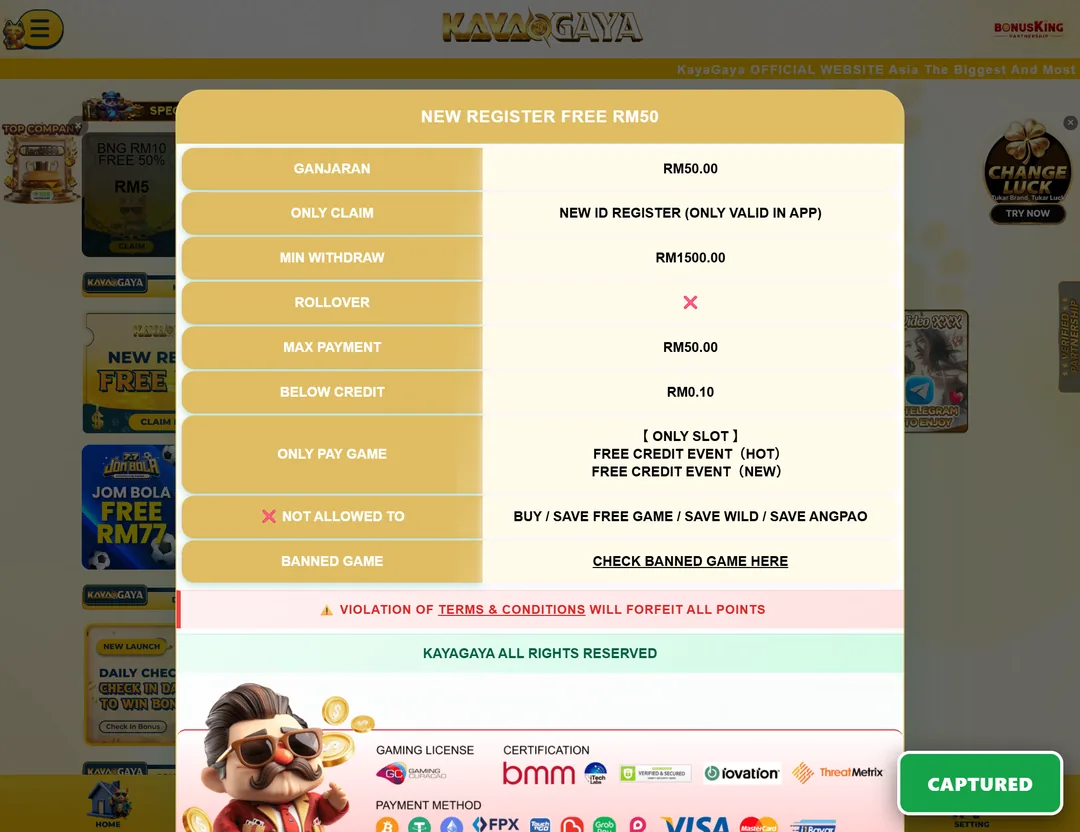 KAYAGAYA RM50 free credit, but an RM1,500 target for the same RM50 cashout