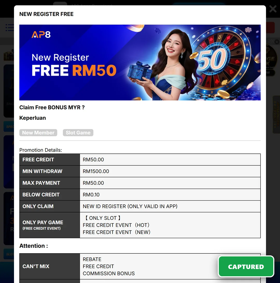 AP8 RM50 free credit, but an RM1,500 target for the same RM50 cashout cap