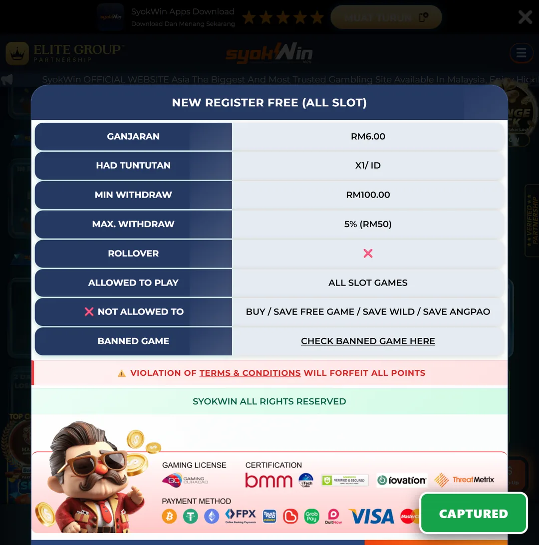 SYOKWIN RM6 free credit, RM100 target, no rollover, the cleanest offer on the network