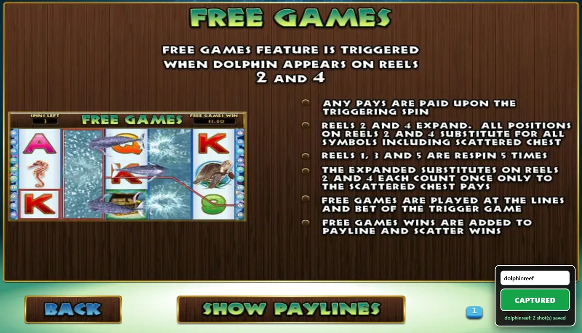 Dolphin Reef free games screen showing expanded wild reels on reels 2 and 4.