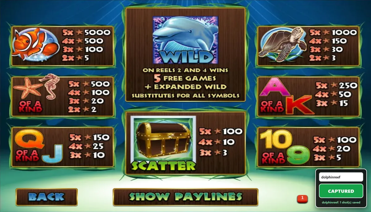 Dolphin Reef Mega888 paytable showing symbol payouts, the dolphin wild and treasure chest scatter.