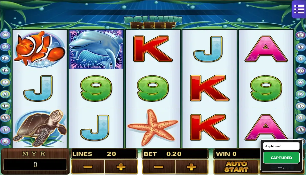 Dolphin Reef Mega888 slot reels showing the dolphin wild, clownfish and turtle symbols.