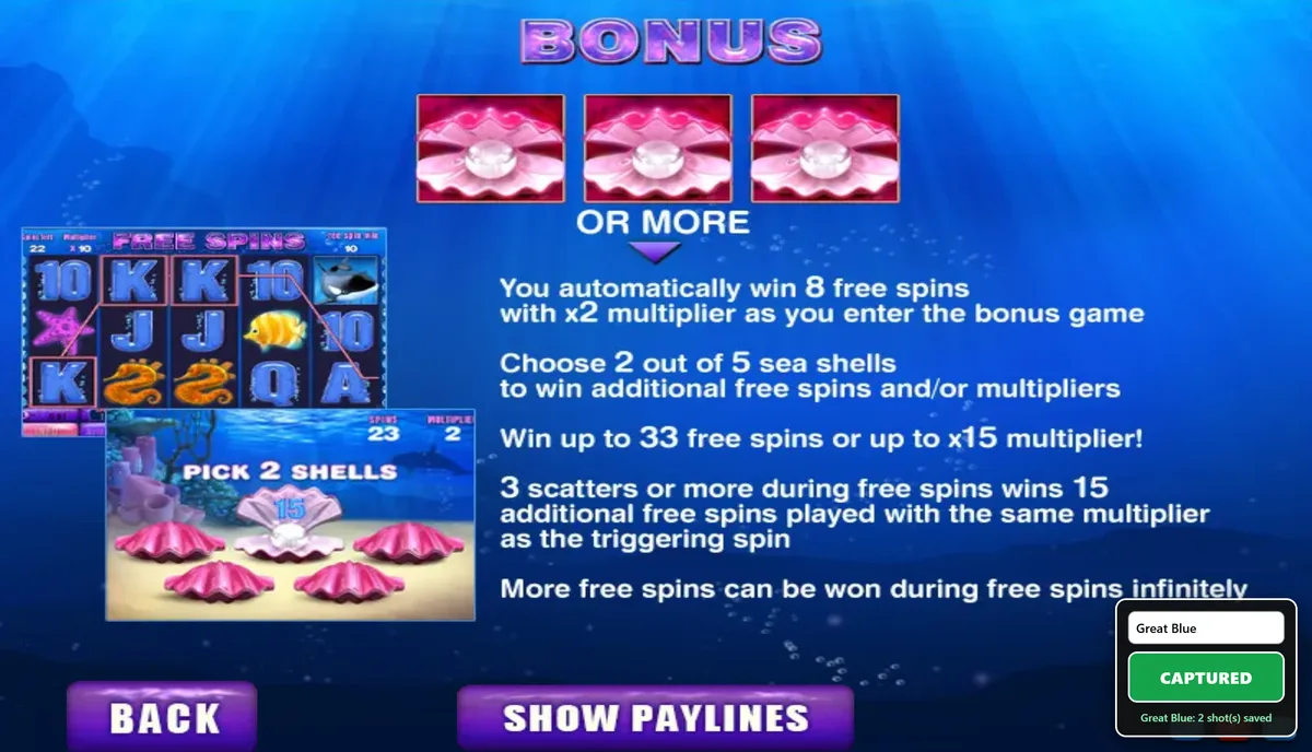 Great Blue bonus round screen showing the pick 2 shells free spins feature.