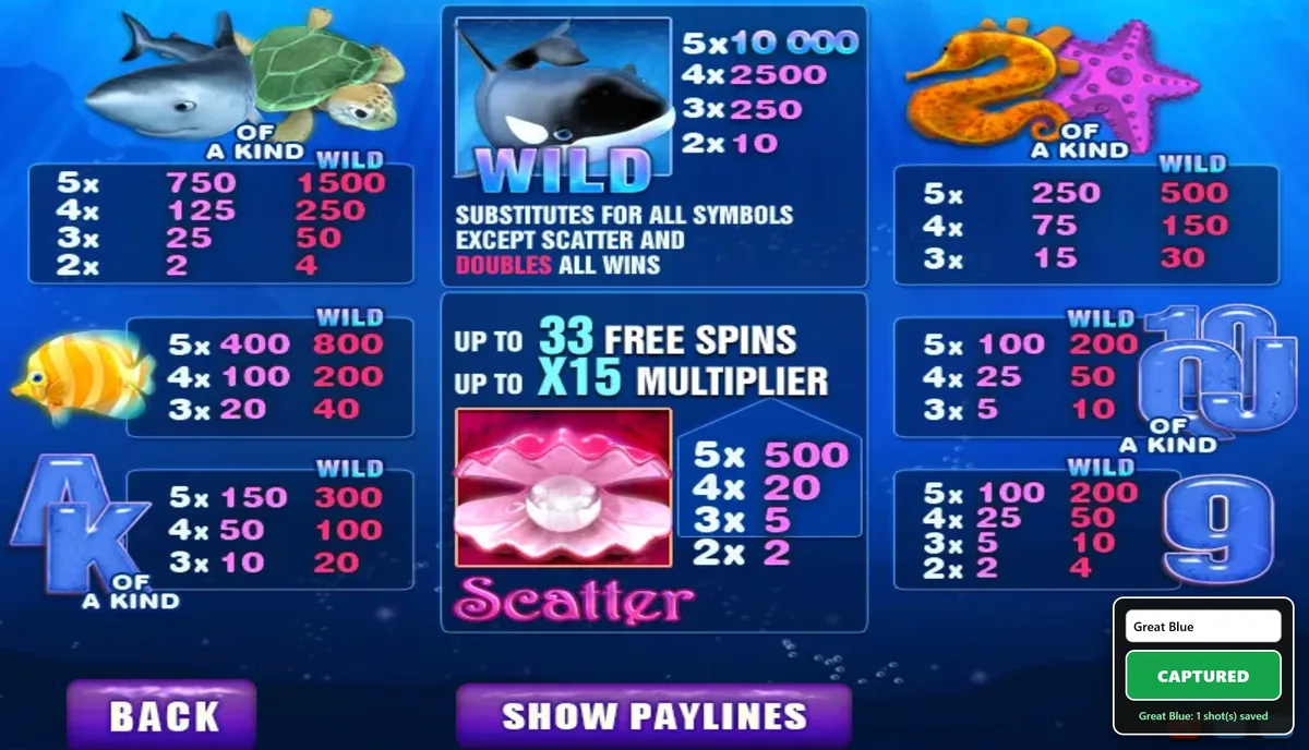 Great Blue Mega888 paytable showing symbol payouts, the orca wild and pearl scatter.