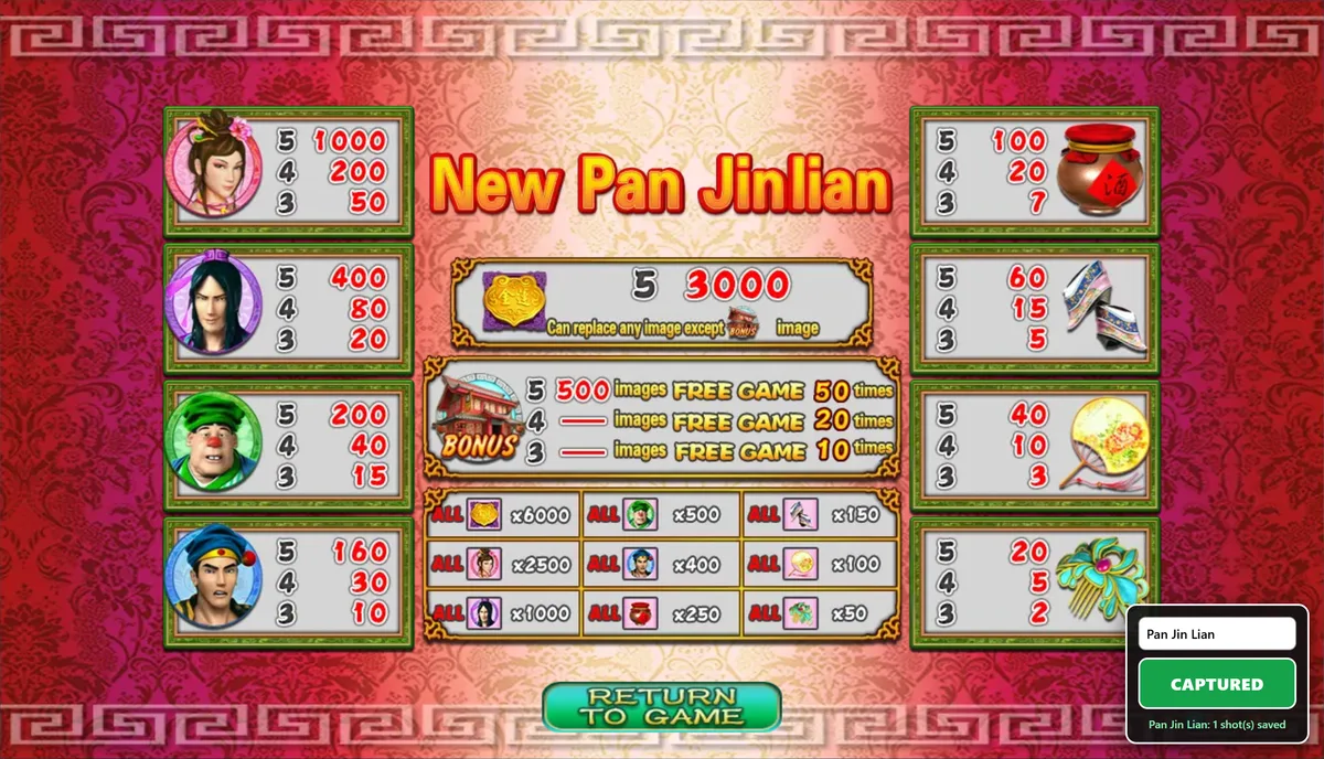 Pan Jin Lian Mega888 paytable showing symbol payouts, the gold medallion wild and bonus building.