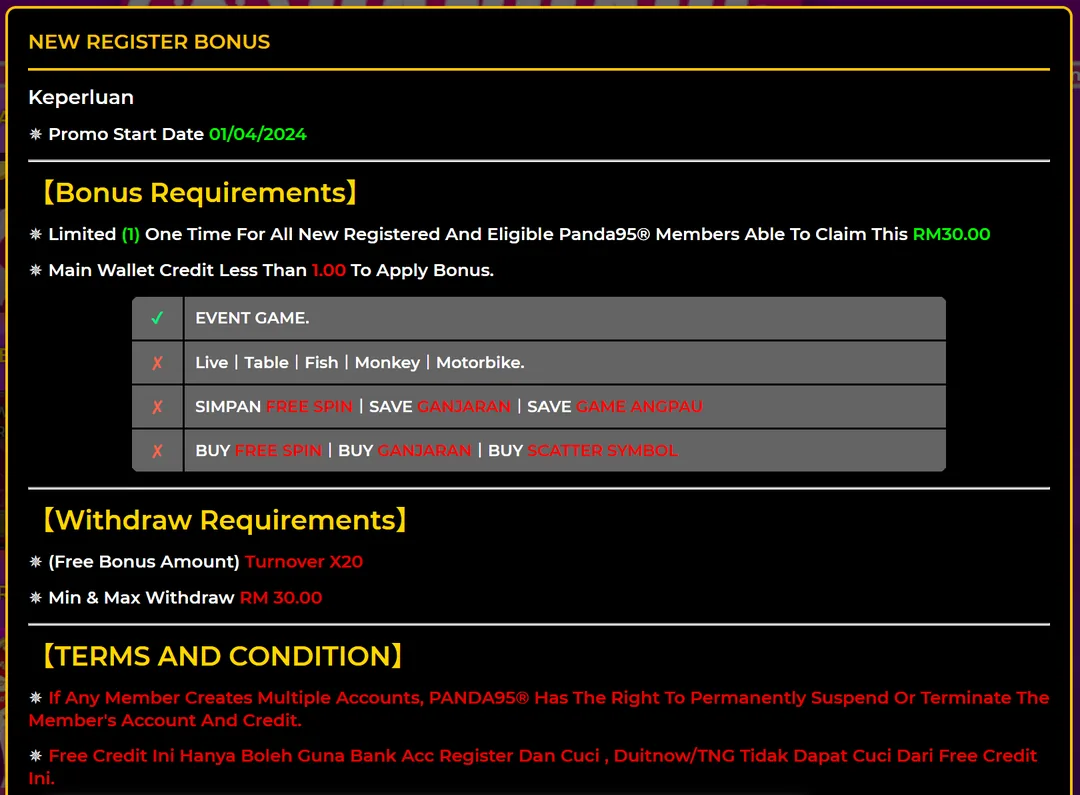 Panda95 free credit RM30 terms under RM Group.