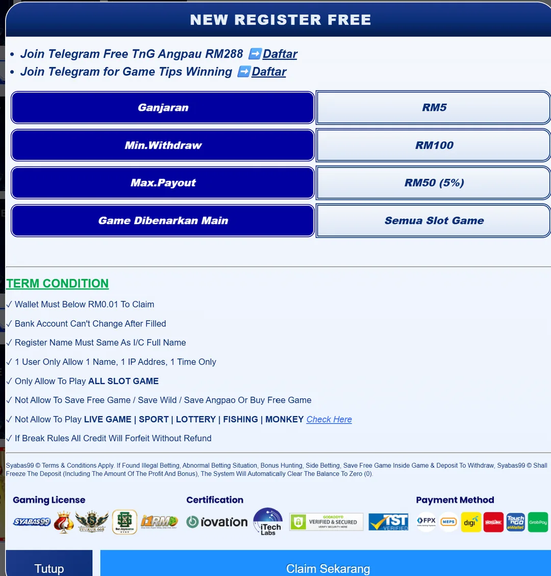 Syabas99 free credit no deposit terms screen.