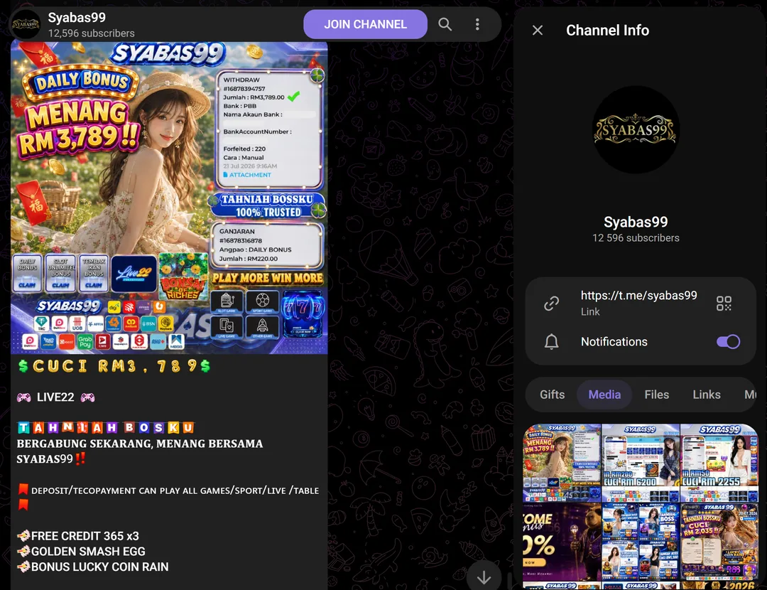 Syabas99 official Telegram channel for free credit codes and support.