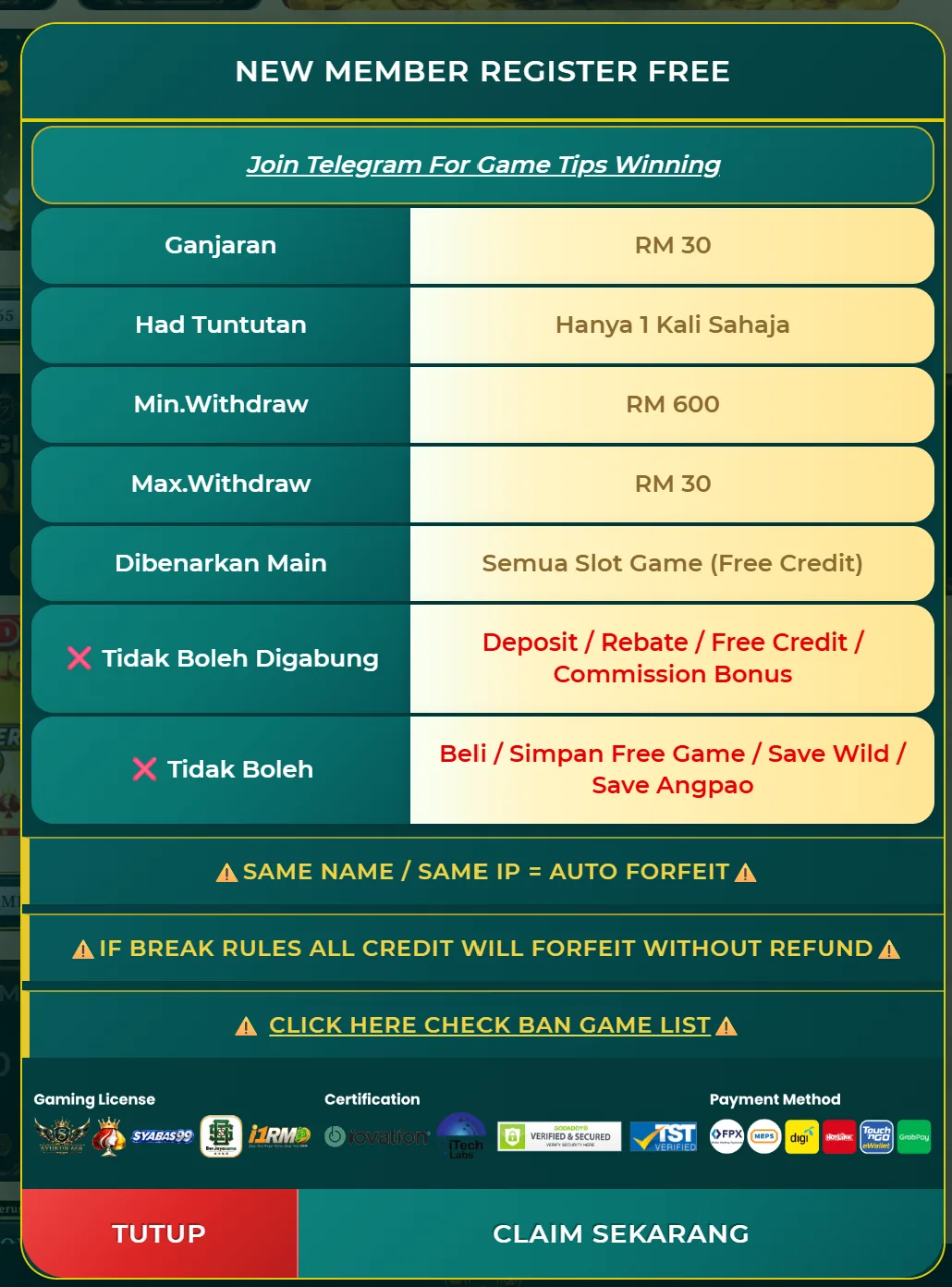 Syukur668 free credit no deposit terms and conditions screen.