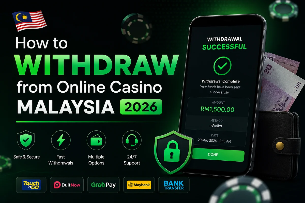 How to withdraw from online casino Malaysia 2026: withdrawal successful screen showing RM1,500 sent via e-wallet.