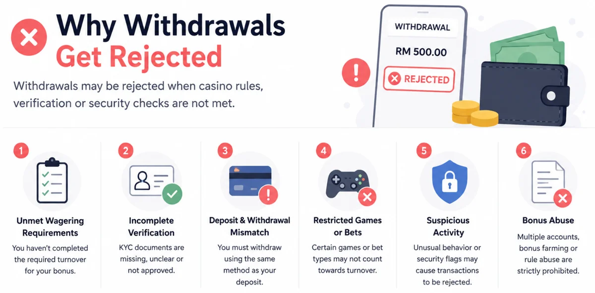 The six reasons Malaysian online casino withdrawals get rejected: unmet wagering, incomplete verification, deposit and withdrawal mismatch, restricted games, suspicious activity, bonus abuse.
