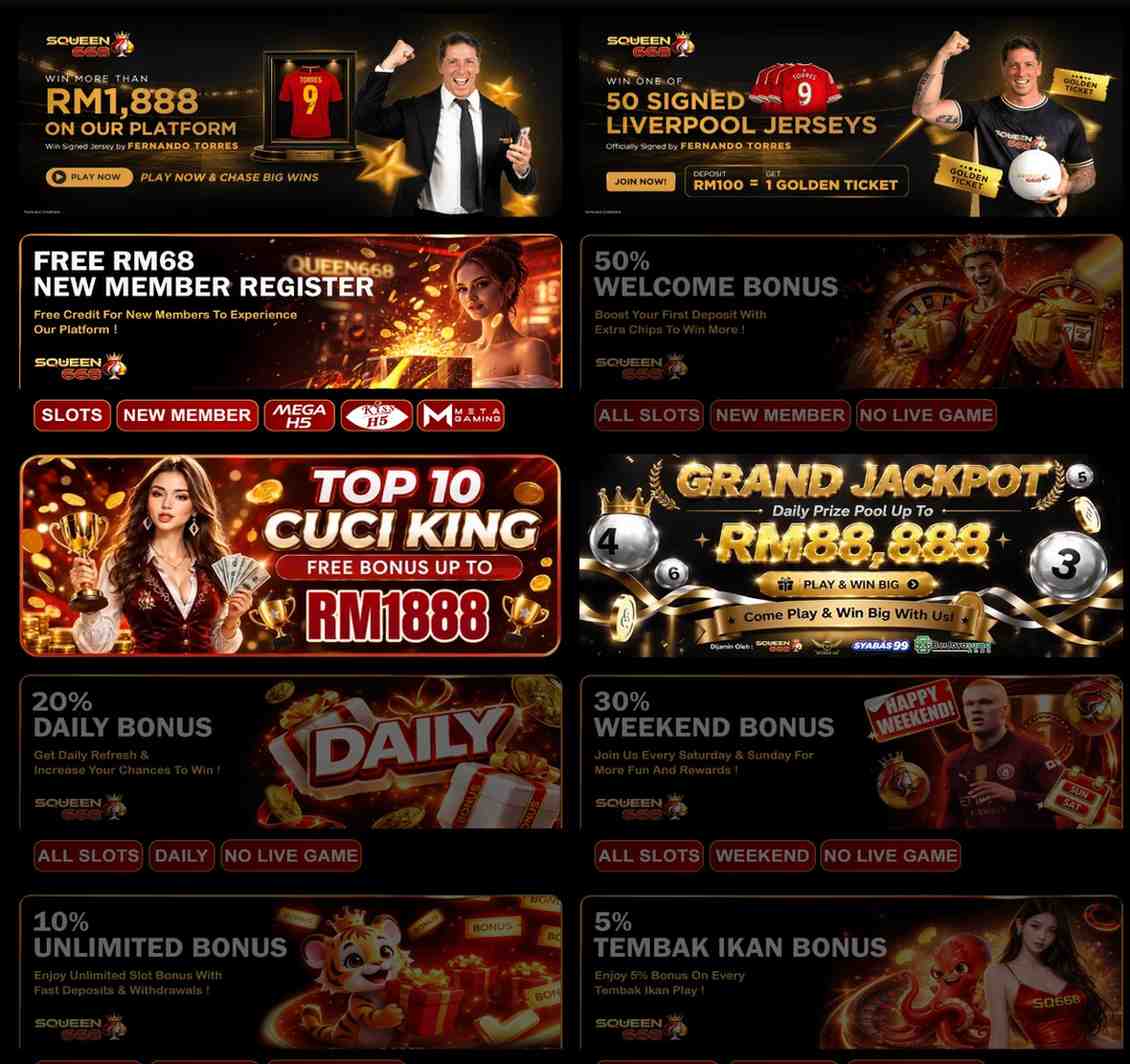 Squeen668 mobile app showing the FREE RM68 new member register free credit banner.
